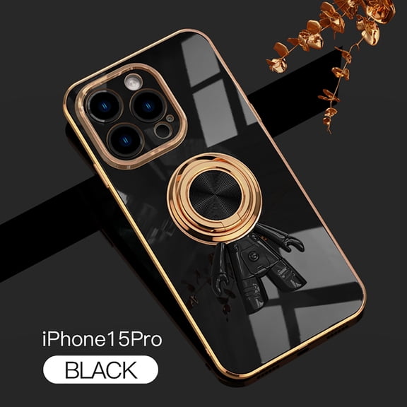 Compatible with iPhone 15 Pro Max Cute Case with 3D Astronaut 360 Ring Holder Hidden Kickstand Plating Camera Protection Cover Soft Silicone Bumper Phone Case for Women Men,Black