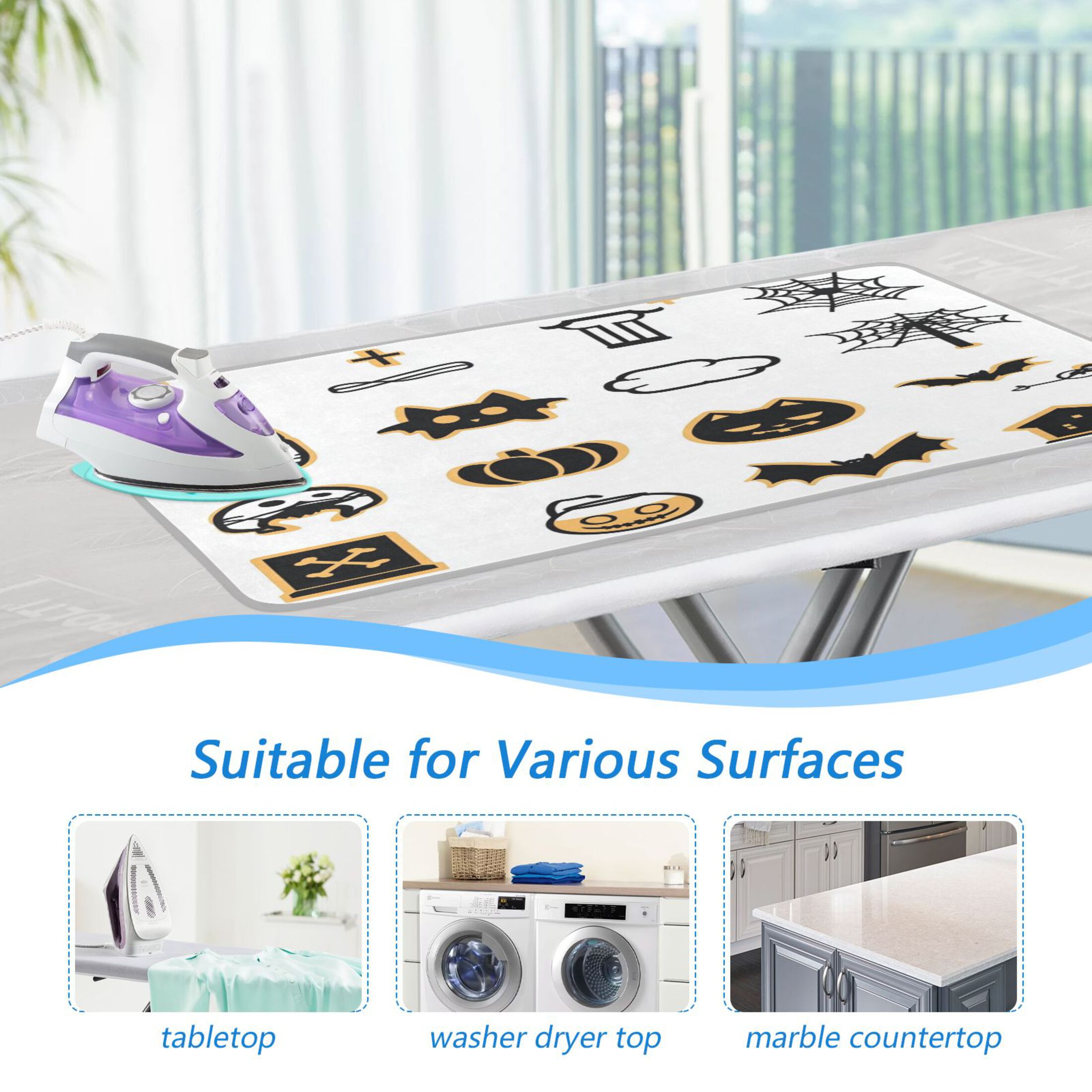 Ironing Mat Portable Ironing Blanket for Table Top Travel Ironing Pad for Washer Dryer 27.6" x 47.2" Black Cute Halloween Pattern