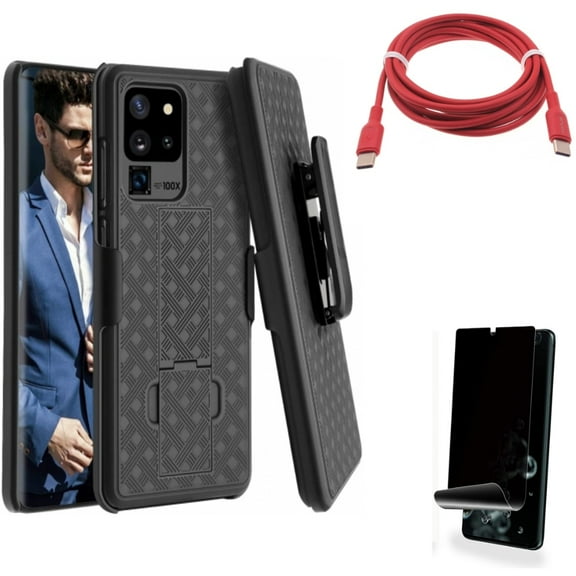 Privacy Screen Protector w Case Belt Clip w Red 6ft Long Cable for Samsung Galaxy S20 Ultra - TPU Film [NOT GLASS] [Fingerprint Works], Holster Swivel Cover, USB-C to Type-C PD fits Galaxy S20 Ultra