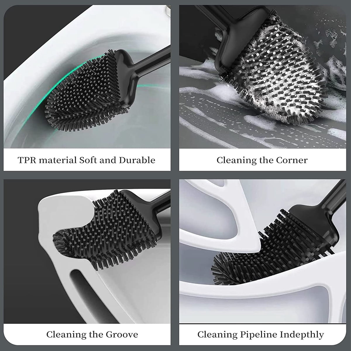 Bathroom Toilet Brush and Holder Set, Toilet Bowl Cleaner Bendable Tongue-shaped Silicone Brush Head Anti Splash Bristles, Self Closing Quick Drying Holder in Black