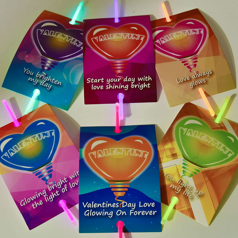 Fun Little Toys 36 Pcs Glow Sticks(6 Colors)with Neon Valentine's Day Cards and Bracelet Connectors, Valentine Exchange Cards for Students, Classroom