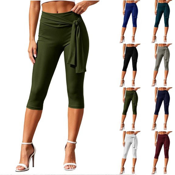 Women's High Waist Tie Side Capri Pants,Slim Fit Stretch Workout Cropped Leggings ,Army Green,Women's Capri L