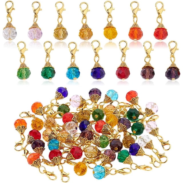 56 colgantes de cristal facetado de colores, hechos a mano, con cierre de langosta dorado.