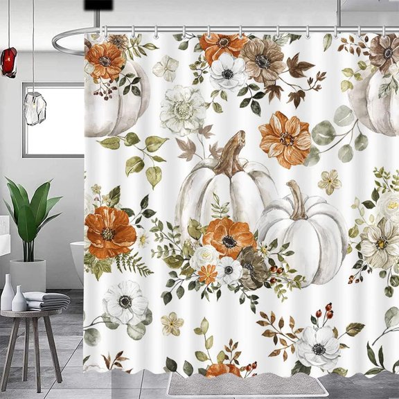 Fall Pumpkin Shower Curtains for Bathroom Autumn Floral Shower Curtain Thanksgiving Day Shower Curtains for Bathroom Decor Washable Durable Fabric Shower Curtains 72x72 inch