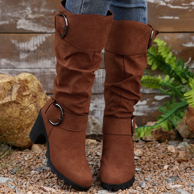 Styesk Bottes pour Femmes Bottes pour Femmes Mode Décontractée Polyvalente Boucle Décorative Velours Mi-Mollet Automne et Hiver Bottes Tendance à Talons Épais Bottes de Travail pour Femmes