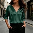 thumbnail image 5 of Silky Satin V Neck Blouse for Women Roll Cuffed 3/4 Sleeve Loose Tunic Shirts Business Casual Tops Lightweight Summer Trendy Outfits Green, 5 of 6