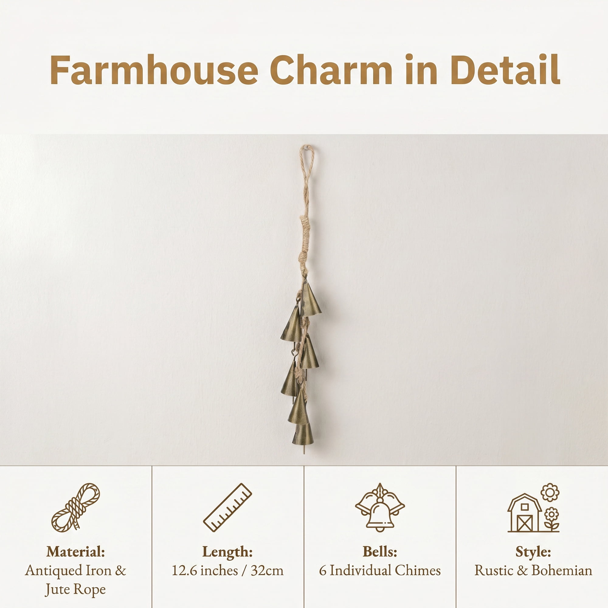 Unique Bargains Protection Rustic Iron Decorative Hanging Bell Bronze 0.9" x 0.9" x 12.6"