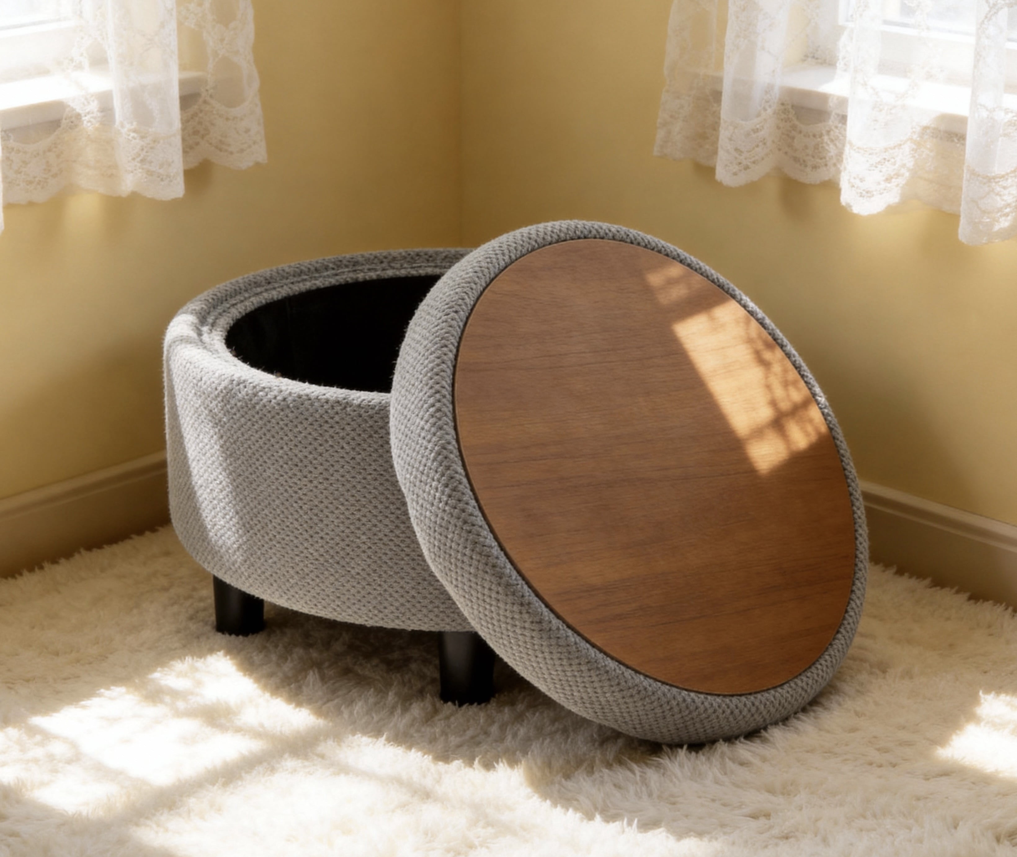 Leumius Storage Ottoman Bench,Round Coffee Table Ottoman,Wooden Top Side Table with Hidden Storage for Living Room,Bedroom,LIGHT GREY