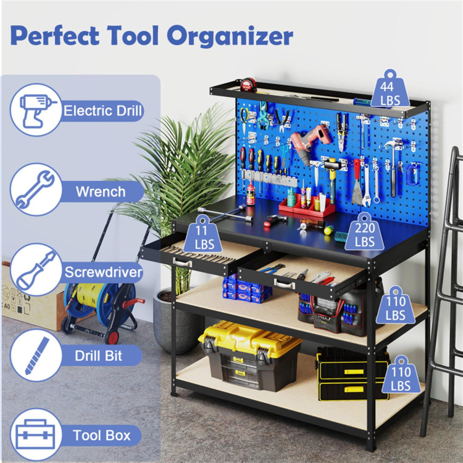 Demi Bonn 48" x 24" Workbench Work Table with 2 PCs Pegboard Drawer and Shelves, 4-Tier Heavy Duty Metal Tool Storage Bench for Garage, Workshop, Blue