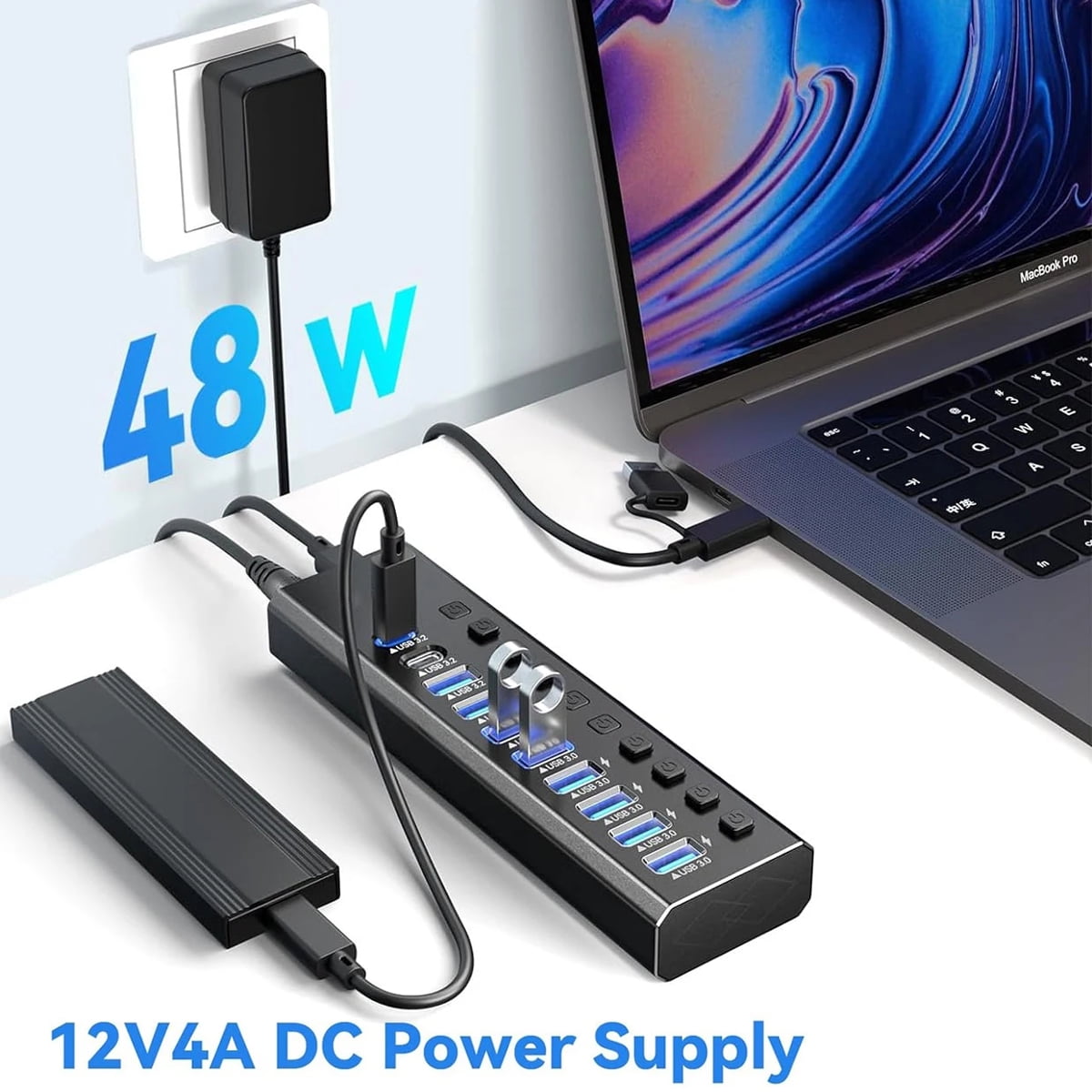 Powered USB Hub 3.2, AUBEAMTO 10-Port USB 3.2/USB C Hub (10Gbps USB-A 3.2 +2 USB-C 3.2 +7 USB 3.0 Ports) with Individual On/Off Switches and 12V Power Adapter, Aluminum USB Hub Powered for Laptop PC