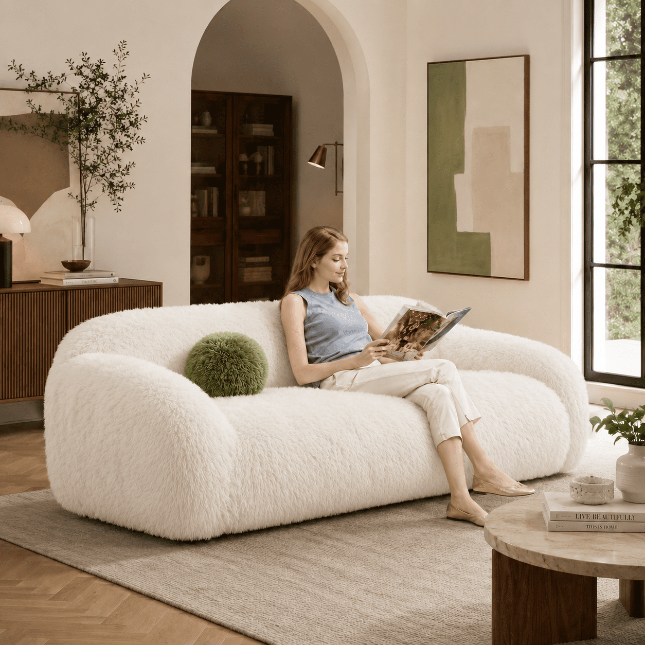 Aenkyo 84 Inch Plush Faux Fur Sofa, 25 Inch Deep Seat 3-Seater Couch with Ball Pillow, White