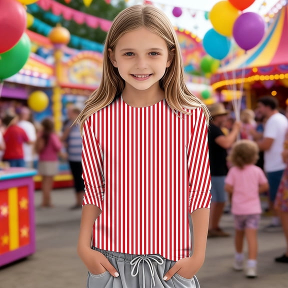 Toddler Girls Cute 3/4 Sleeve T Shirts Carnival Print Round Neck Loose Fit Casual Tee Top Size 3-4T , Red