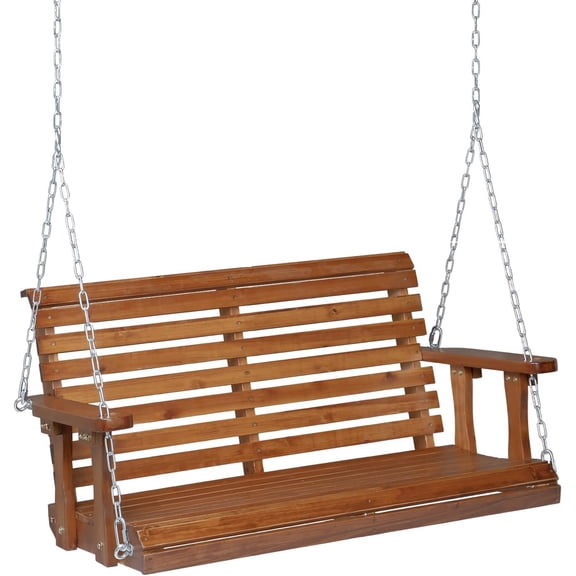 Ktaxon 4 FT Outdoor Porch Swing, Upgraded XL Size Seat Depth & Back Height Wooden Patio Swing, Heavy Duty 880 LBS Front Hanging Swing for Yard, Tree, Balcony (Brown)