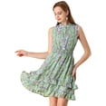 thumbnail image 1 of Mini vestido floral de gasa con volantes y cintura fruncida de una línea para mujer Verde M, 1 of 6