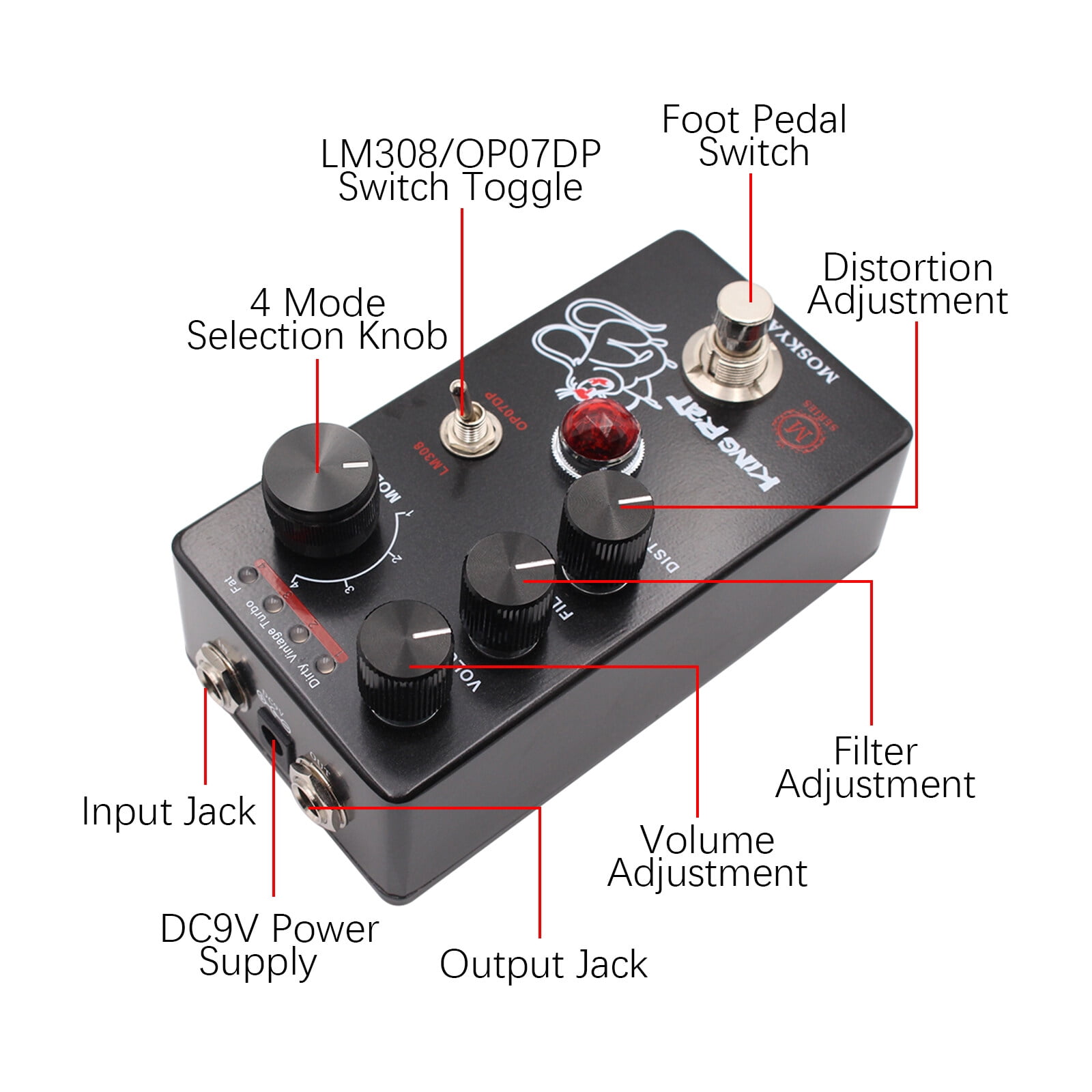 MOSKYAudio Effect maker,Rat Portable Processor Fuzz Pedal - Mode Switch Portable 4 Mode QISUO SIMBAE Ele KI Maker RAT