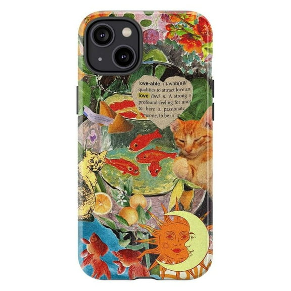 Vintage Collage Cat & Goldfish Phone Case, Artistic Botanical iPhone Cover for iPhone 16 15 14 13 12 11 Pro Max Mini