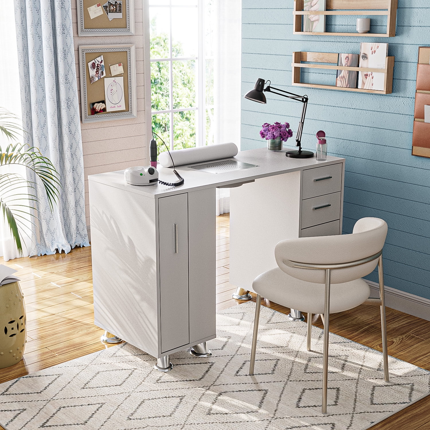 ADVWIN Manicure Table with Dust Collector, Nail Tech Desk for Beauty Salon, Nail Station with Wrist Cushion, Drawers, Shelves, and Storage Cabinet