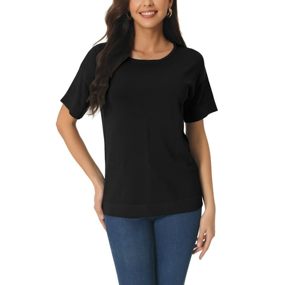 INSPIRE CHIC Women's Casual Short Sleeve T Shirts Basic Summer Knit Tops Loose Solid Color Blouse S Black