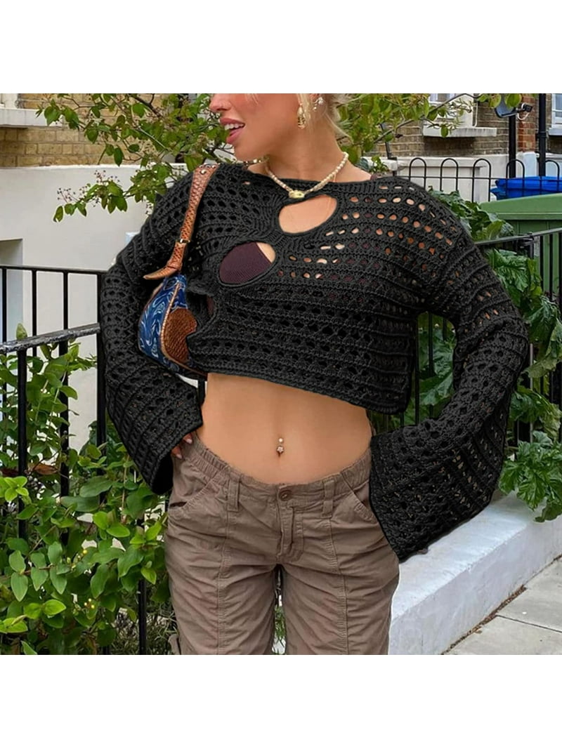 CoCopeaunt Women Y2K Crochet Crop Top Cover Up Shrugs Sweaters See