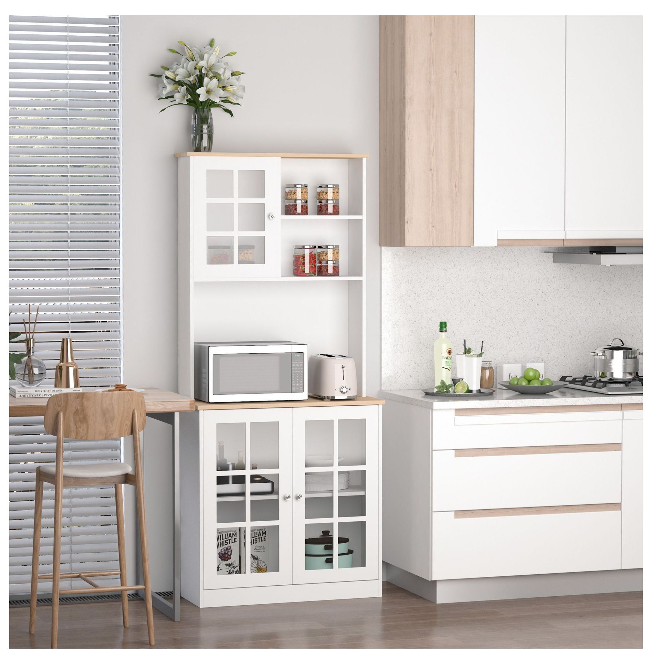 72" Kitchen Pantry Cabinet, Freestanding Storage with Hutch & Glass Doors, White