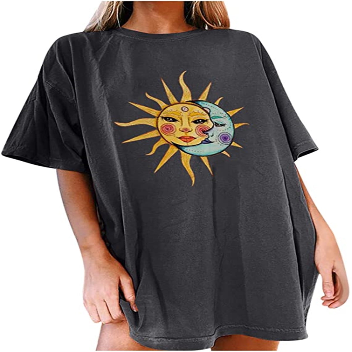 Vintage Oversized T Shirts Loose Short Sleeve Tops Teen Girls Moon Sun Skeleton Print Blouse Halloween T-Shirt