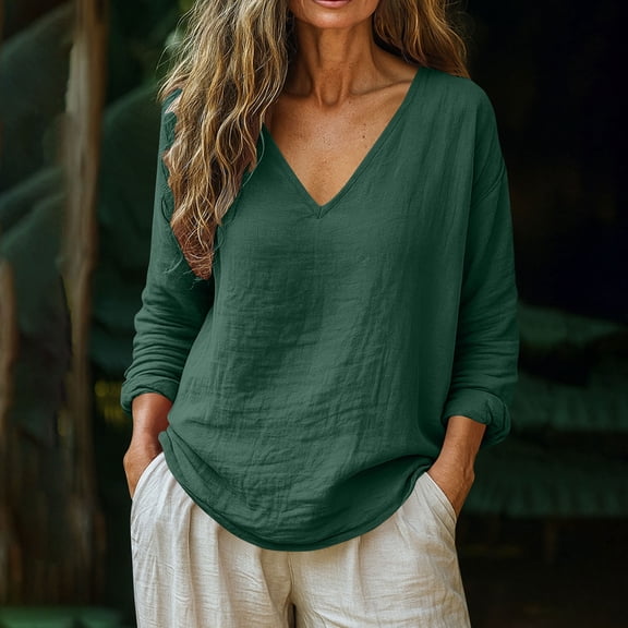 thefmos Women Plus Size V Neck Long Sleeve Flowy Casual Pullover Tops Solid Basic Loose Tshirt for Fall Winter Cute Trendy Comfy Baggy Blouses Business Casual Work Clothes, Green 3XL
