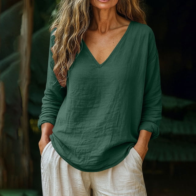 TaTaai 2026 Spring Womens V Neck Long Sleeve Tee Loose Blouse Casual Solid Color Fashion Top Linen Texture Stretchy Polyester Daily Pullover Gift
