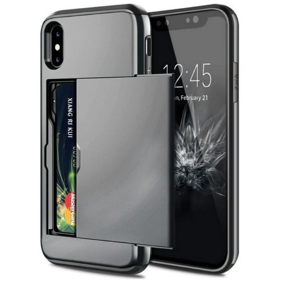Card Slot Holder Wallet iPhone XR Case (Gray) Dual Layer Shockproof with Heavy Duty Protection