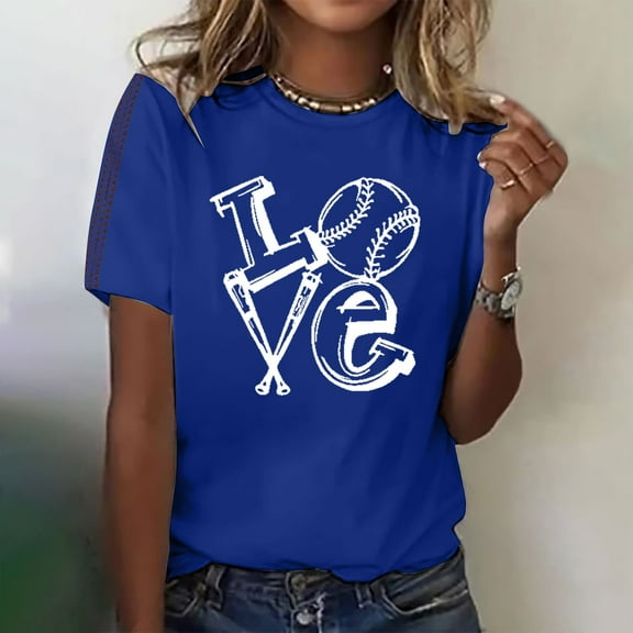 Blue Womens Tops 2025 Summer Women's Baseball Print T Shirts for Women