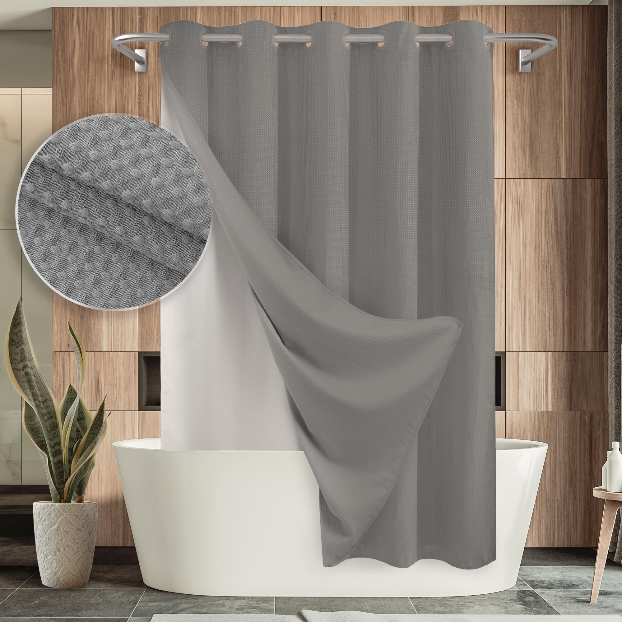 Barossa Waffle Weave Shower Curtain with Snap-in Liner, No Hooks ...