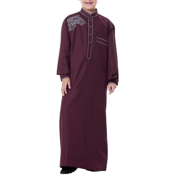 Otqutp Boys Abaya Robe Kids Muslim Thobe Ramadan 𝗜slamic Clothing Ethnic Trim Stand Collar Long Sleeve Loose Kaftan Dresses