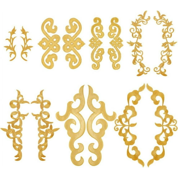 14Pcs 7 Style Flower Embroidery Applique Auspicious Cloud Embroidery Cloth Iron on/Sew on Patch Golden Ethnic Style Sew Iron On Leaf Wreath Patch for DIY Sewing Wedding Prom Dress Clothes Gold
