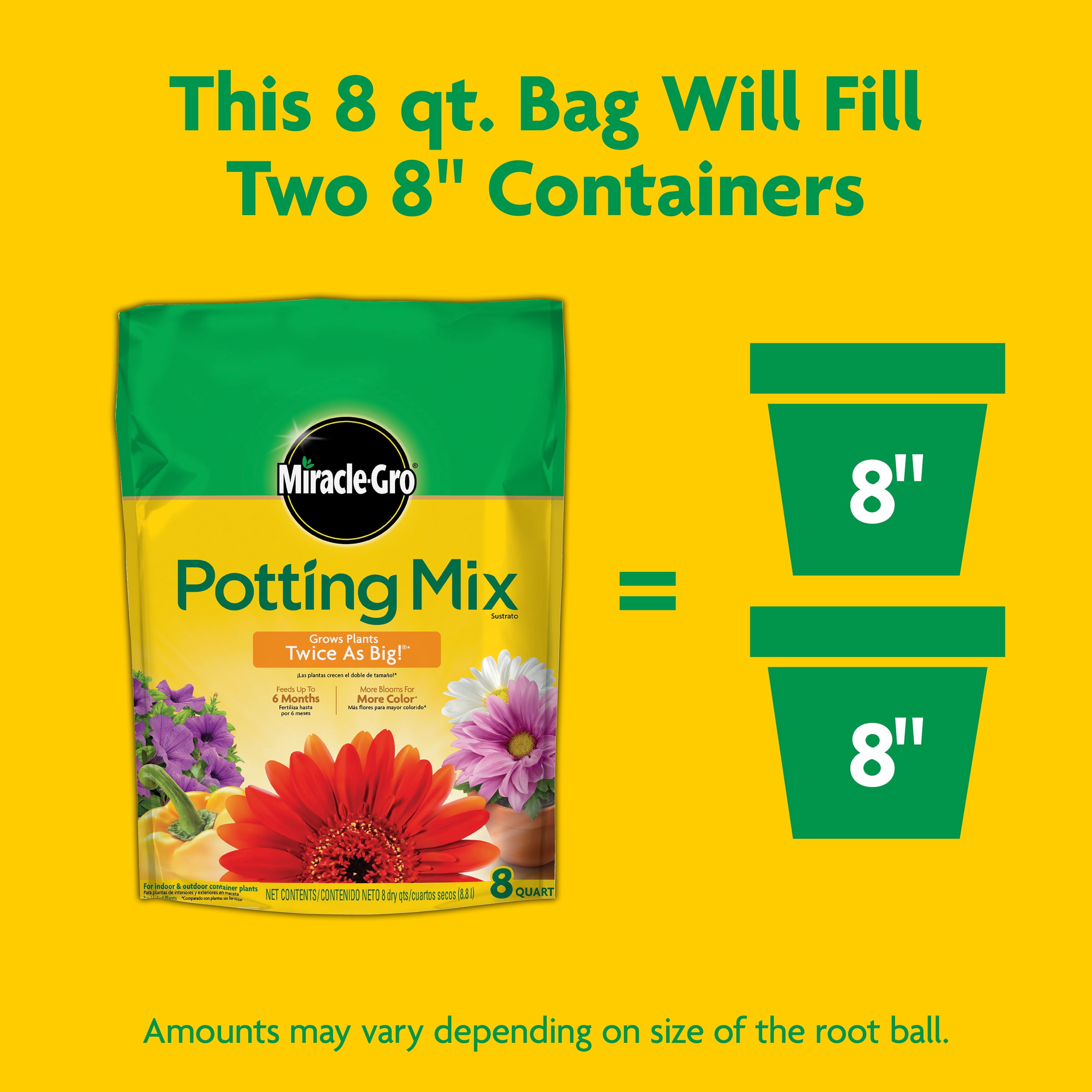 Miracle-Gro Potting Mix, For Indoor or Outdoor Potted Plants, Flowers, Shrubs, 8 qt.