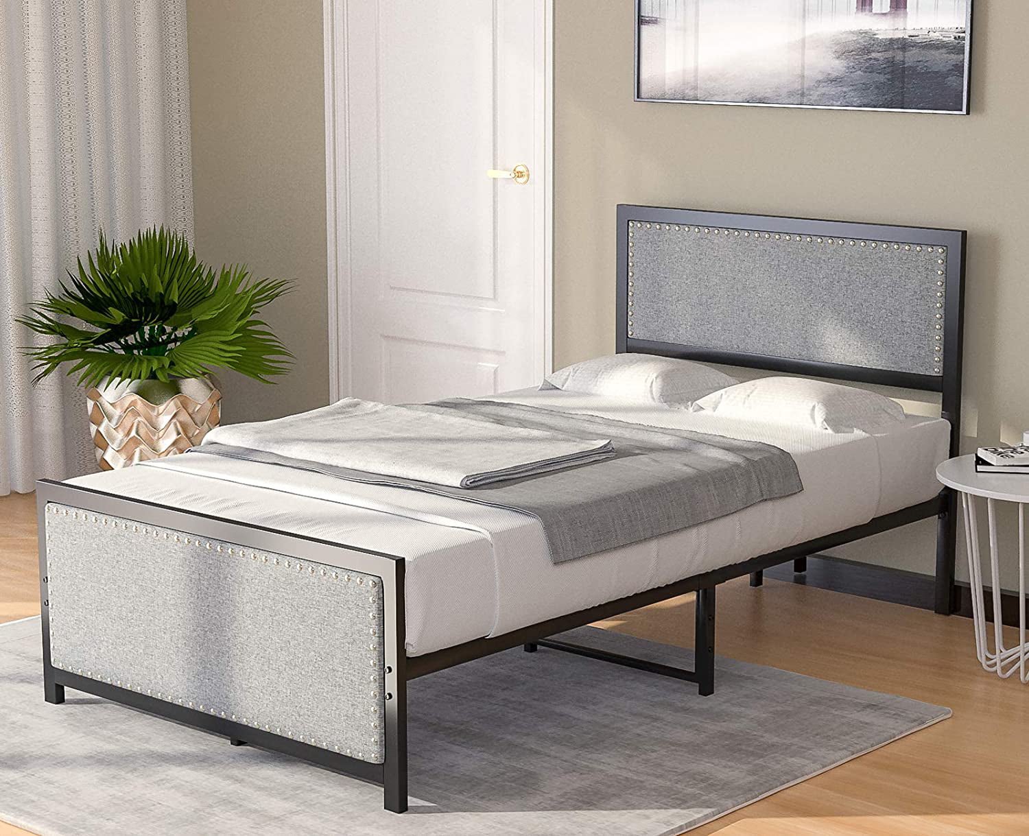 Mecor Metal Twin Platform Bed Frame, Grey Upholstered Headboard And Footboard