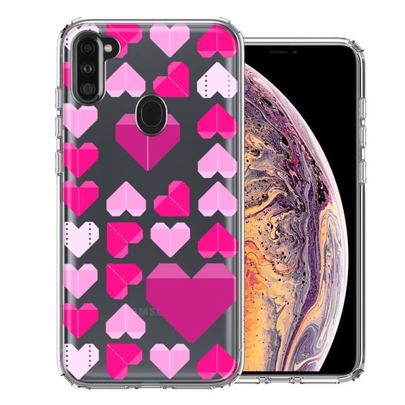 MUNDAZE for Samsung Galaxy A11 Pink Purple Origami Valentine's Day Polkadot Hearts Design Double Layer Phone Case Cover