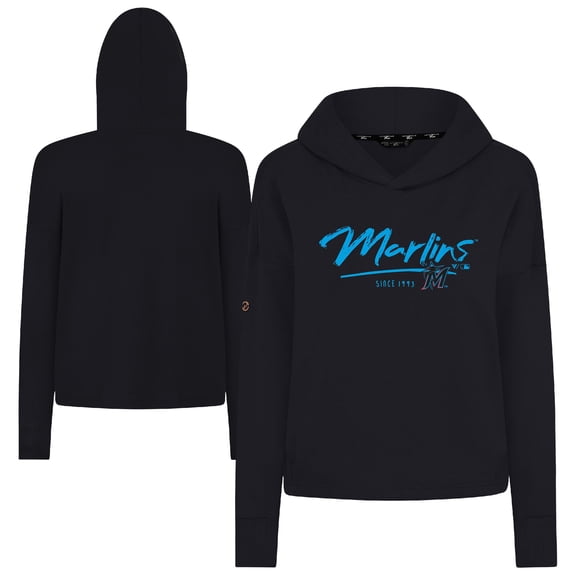 Women's-Levelwear  Black Miami Marlins Tri-Blend Sweet Express Cropped Pullover Hoodie