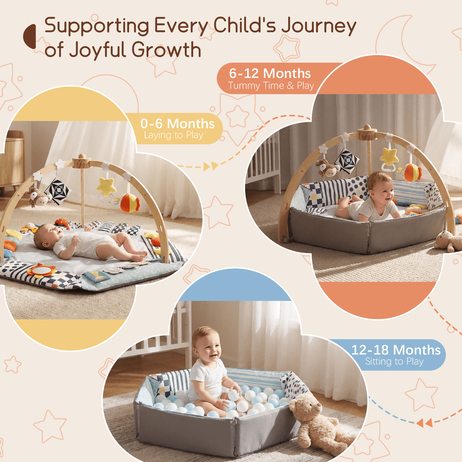 PRVAETU Baby Play Mat with Foldable Raised Edges, Wooden Gym & 6-in-1 Activity Center, Convertible Ball Pit, Sensory Playmat for Infants 6-18 Months