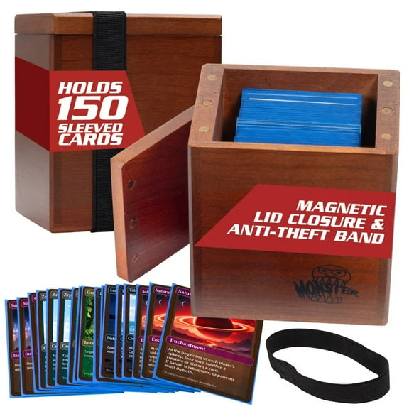 Monster Wooden Deck Box w Strong Magnetic Lid & Security Band- Premium Holds 150 Sleeved Cards- Compatible w Yugioh Commander Magic the Gathering, Sports Card, All Trading Card Games, Gift
