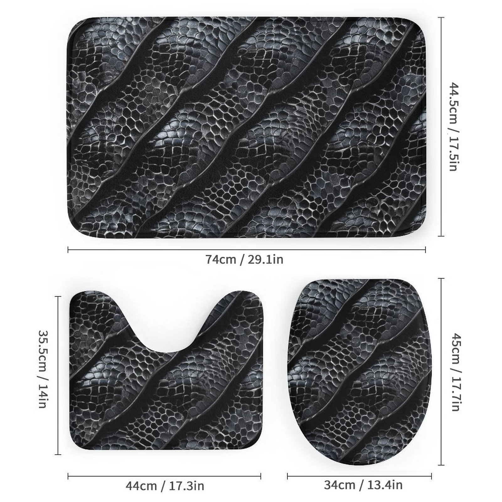 Dark Snakeskin Scale Pattern 4 Pcs Bathroom Shower Curtain Set, Bathroom Sets with Rugs (Bath Mat, U Shape and Toilet Lid Cover Mat) and 12 Hooks,