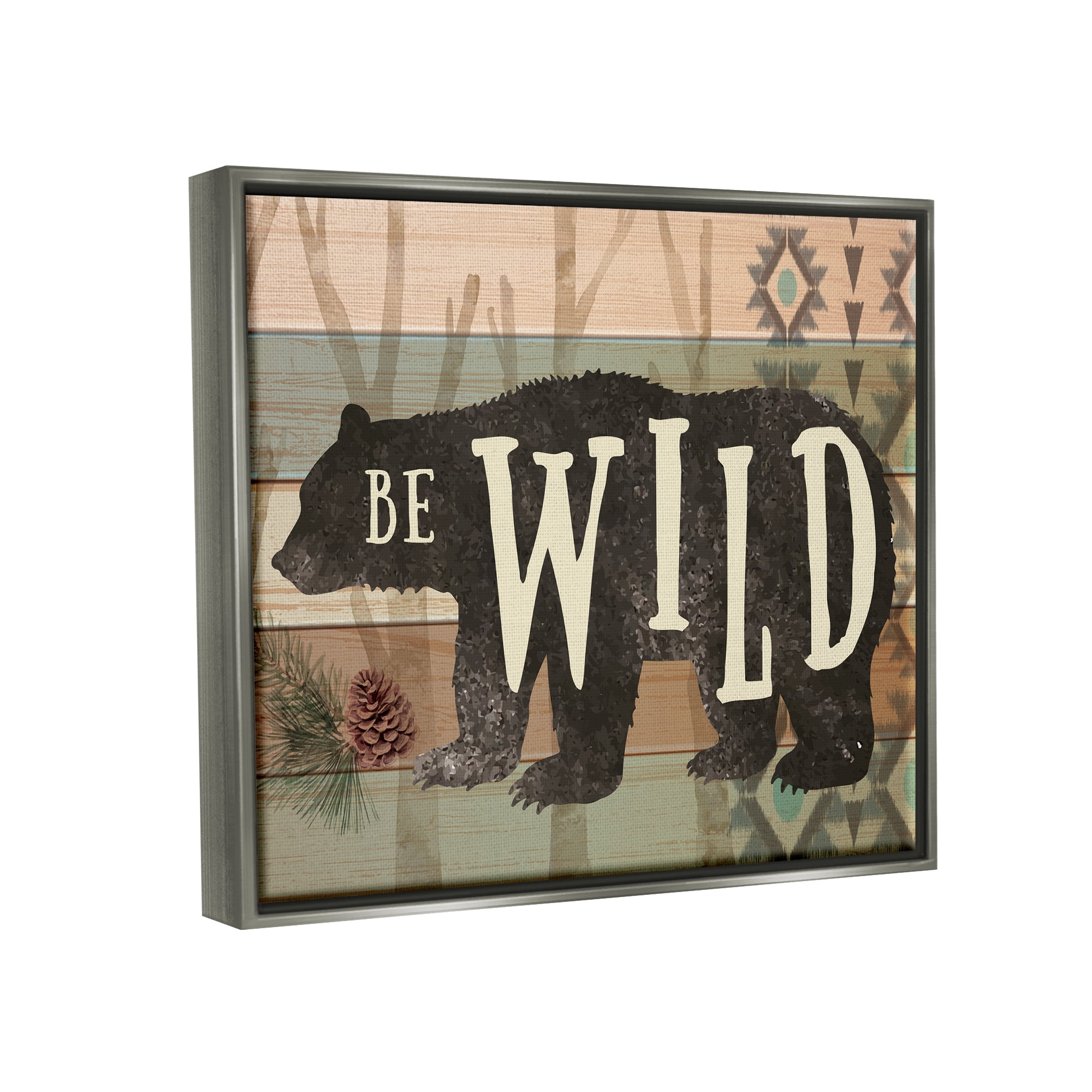 Stupell Be Wild Aztec Pattern Bear Silhouette Animals & Insects Painting Gray Floater Framed Art Print Wall Art