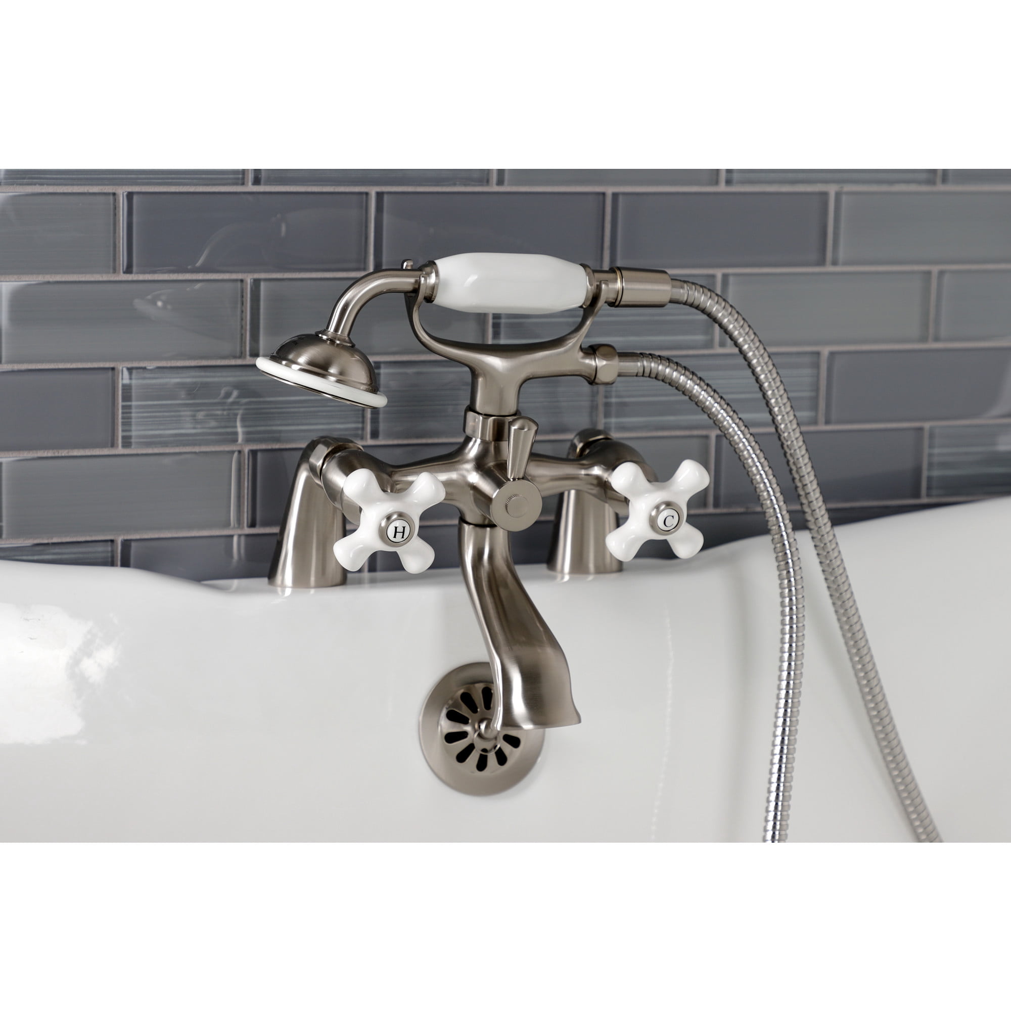 Kingston Brass KS267PXSN Kingston Three-Handle 2-Hole Deck-Mount Clawfoot Tub Faucet with Hand Shower in Brushed Nickel
