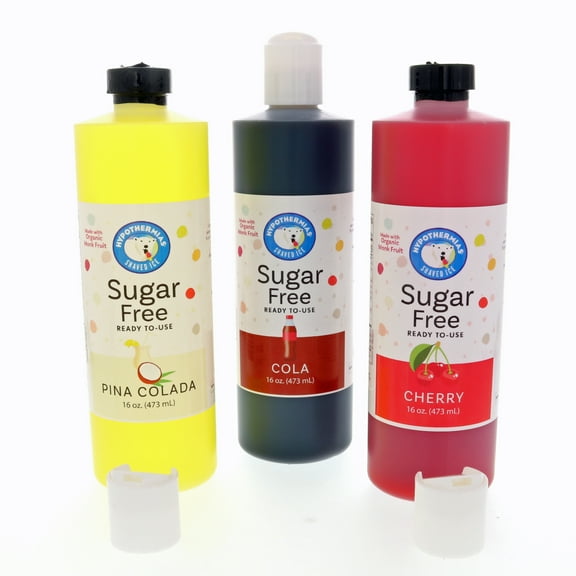 Hypothermias Sugar Free Shaved Ice Syrups Variety Pack, 3 Pints, Pina Colada, Cola, Cherry