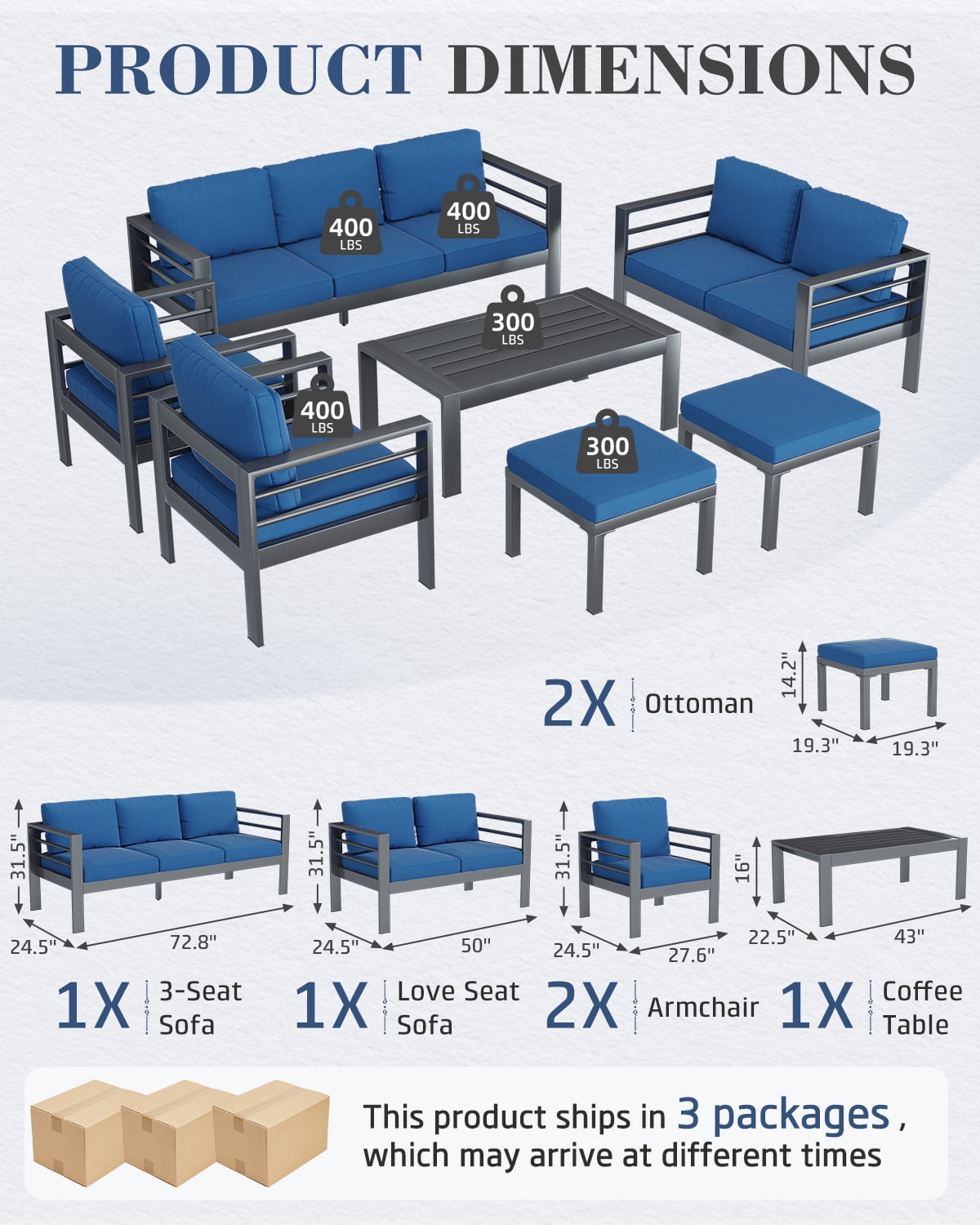 AECOJOY Aluminum Outdoor Furniture Set 7 Pieces Sectional Sofa Patio Conversation Set, Blue