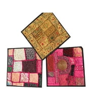 Mogul Set Of 3 Beautiful Indian Handmade Embroidered Patchwork Cushion Covers Vintage Style Decorative Pillow Sham 16X16 Inches