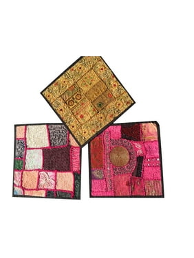 Mogul Set Of 3 Beautiful Indian Handmade Embroidered Patchwork Cushion Covers Vintage Style Decorative Pillow Sham 16X16 Inches