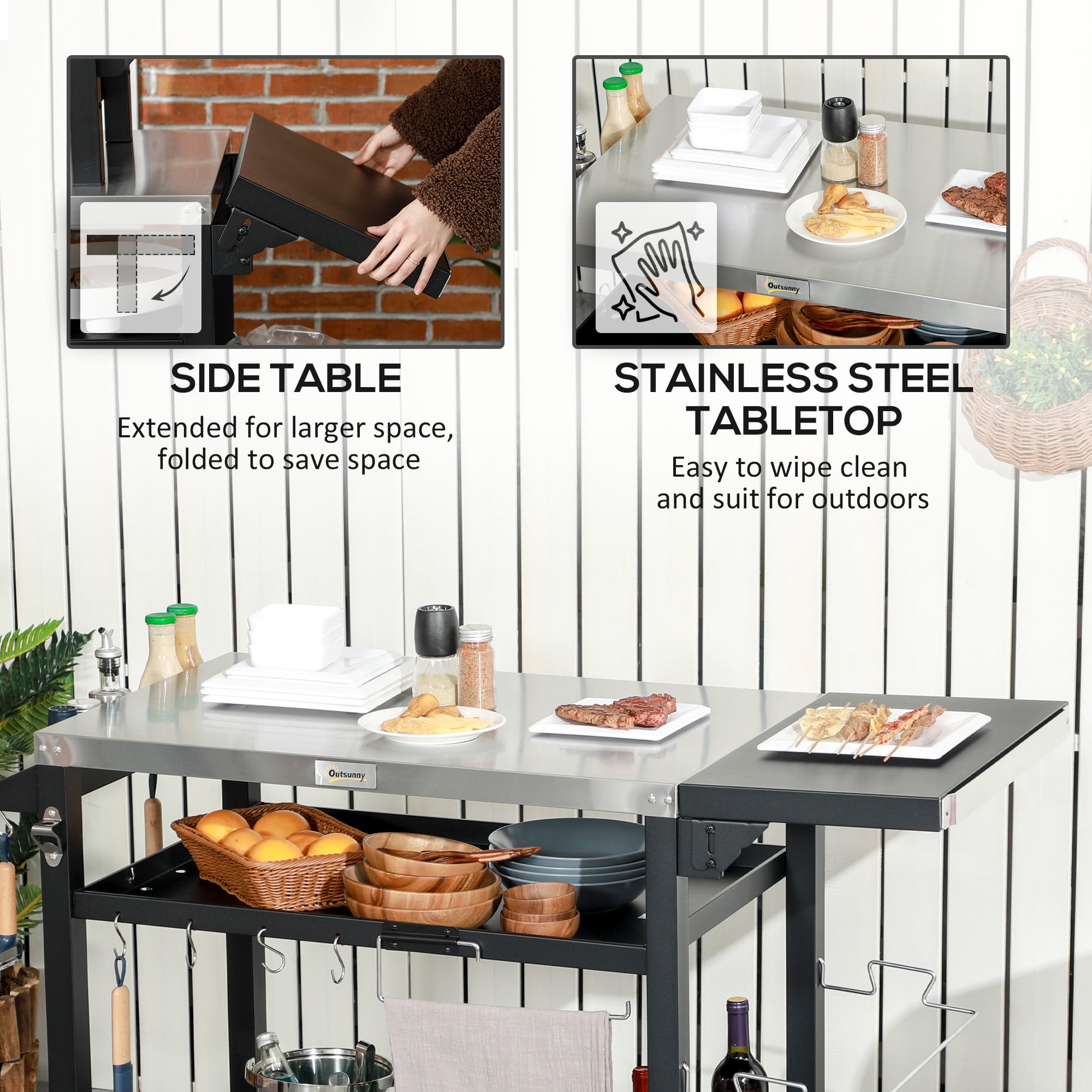 46" Outdoor Grill Cart with Foldable Side Table, 3-Shelf Stainless Steel Pizza Oven Stand, Rolling Food Prep Table with Storage Hooks & Wine Holder for Patio Garden