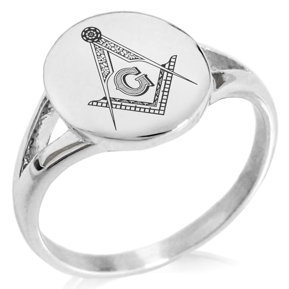 Tioneer Stainless Steel Freemasons Masonic Floral Compass Minimalist Oval Top Polished Statement Signet Ring