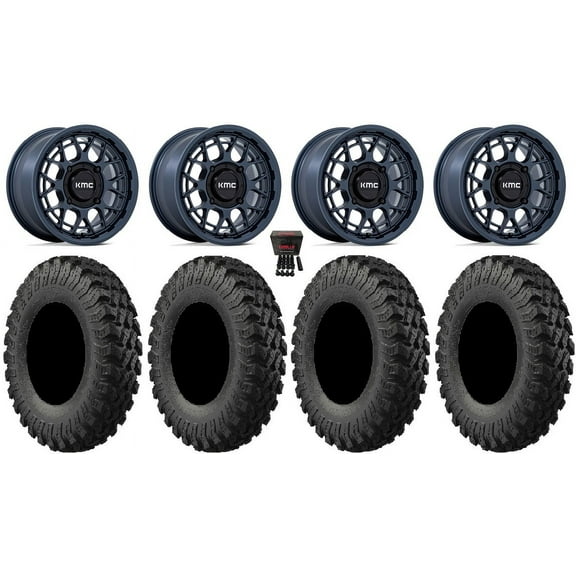 KMC Technic 15" Wheels Blue 32" MotoRally Tires Can-Am Maverick X3 / Honda Pioneer 1000 / Talon