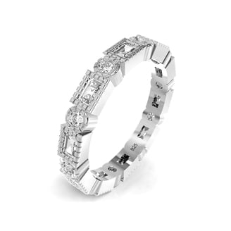 925 Sterling Silver Princess Cut Blue & White Cubic Zirconia Eternity Band Ring - 7mm Wide, Milgrain Edges