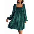 thumbnail image 3 of Women'S Loose Fit Square Neck Long Sleeve Velvet Mini Babydoll Dresses Shift Dress Dark Green M, 3 of 9